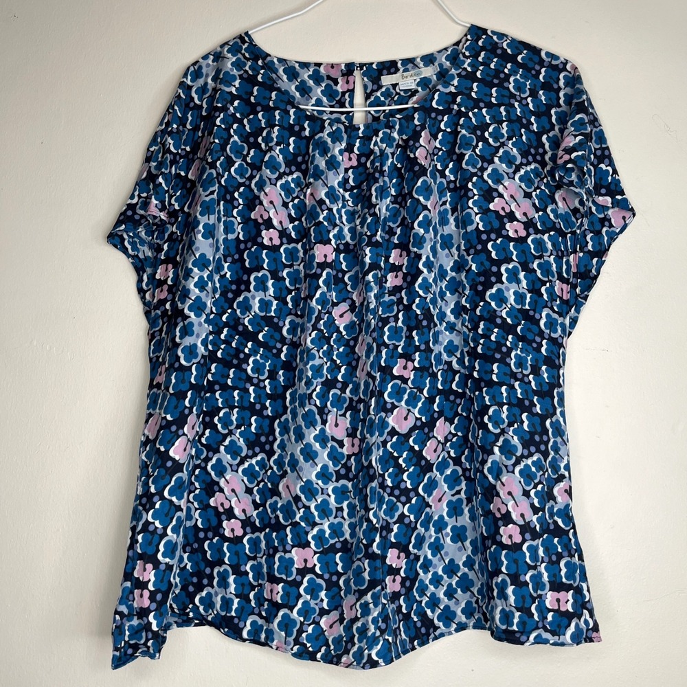 Boden Blouse Womens 18 Blue Pink Floral Viscose Silk Short Sleeve Pleated Top